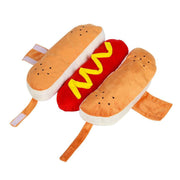 Funny hot dog shaped pet costume with velcro straps for dogs and cats, perfect for Halloween or parties.